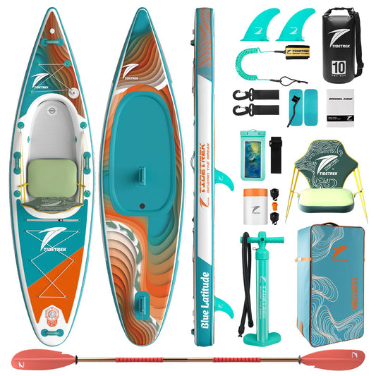 TIDETREK Inflatable Touring Kayak with Waterproof Seat & Premium Accessories, 11'3" x 35" x 8" Ultra-Stable SUP Kayak Hybrid, Non-Slip Comfort Deck for Adults & Youth (Coral Tide)