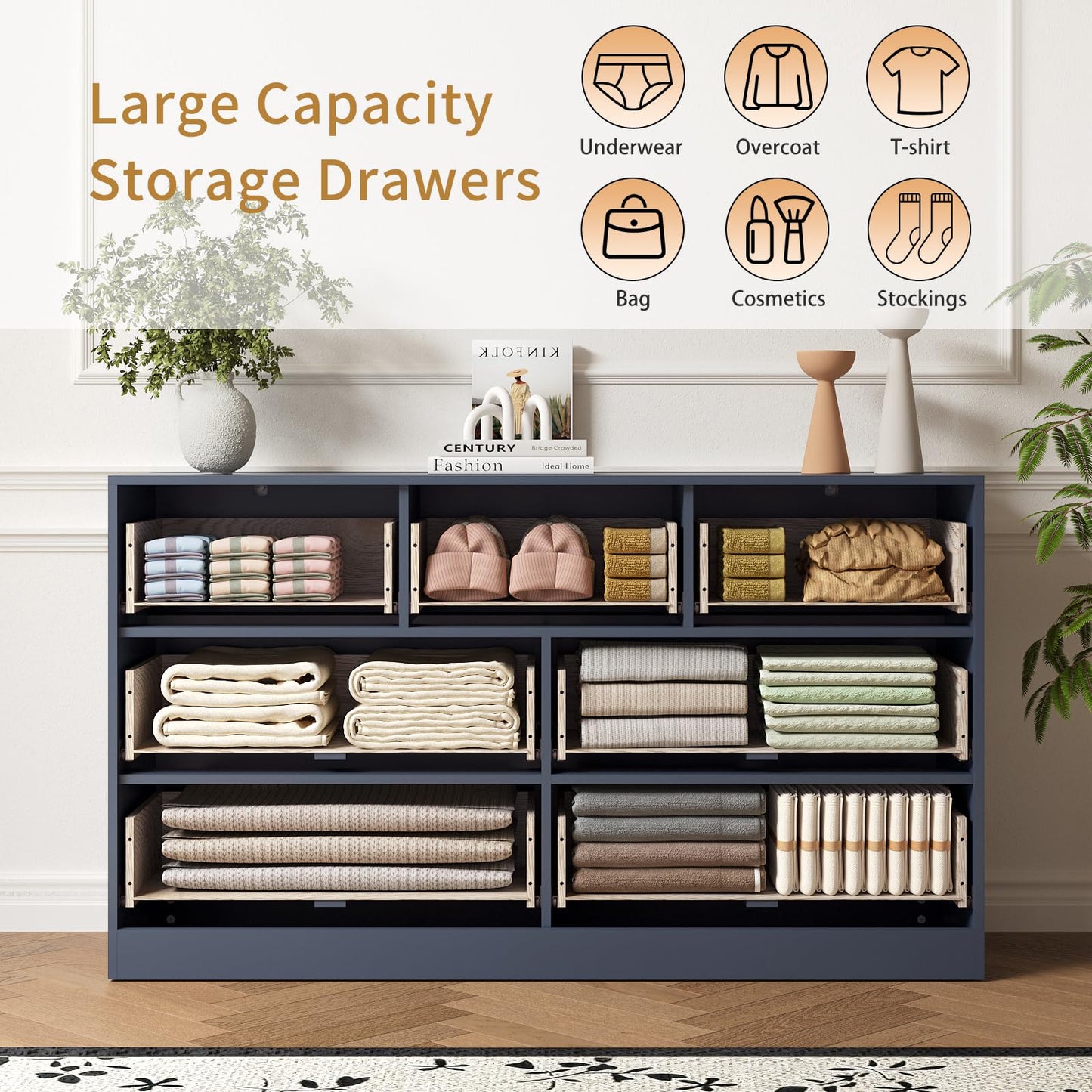 Sscaktu 7 Drawers Dresser for Bedroom,55" Wide Fluted Dresser with Deep Drawers, Modern Chest of Drawers, Wood TV Stand Storage Organizer for Closet, Living Room, Hallway, Blue