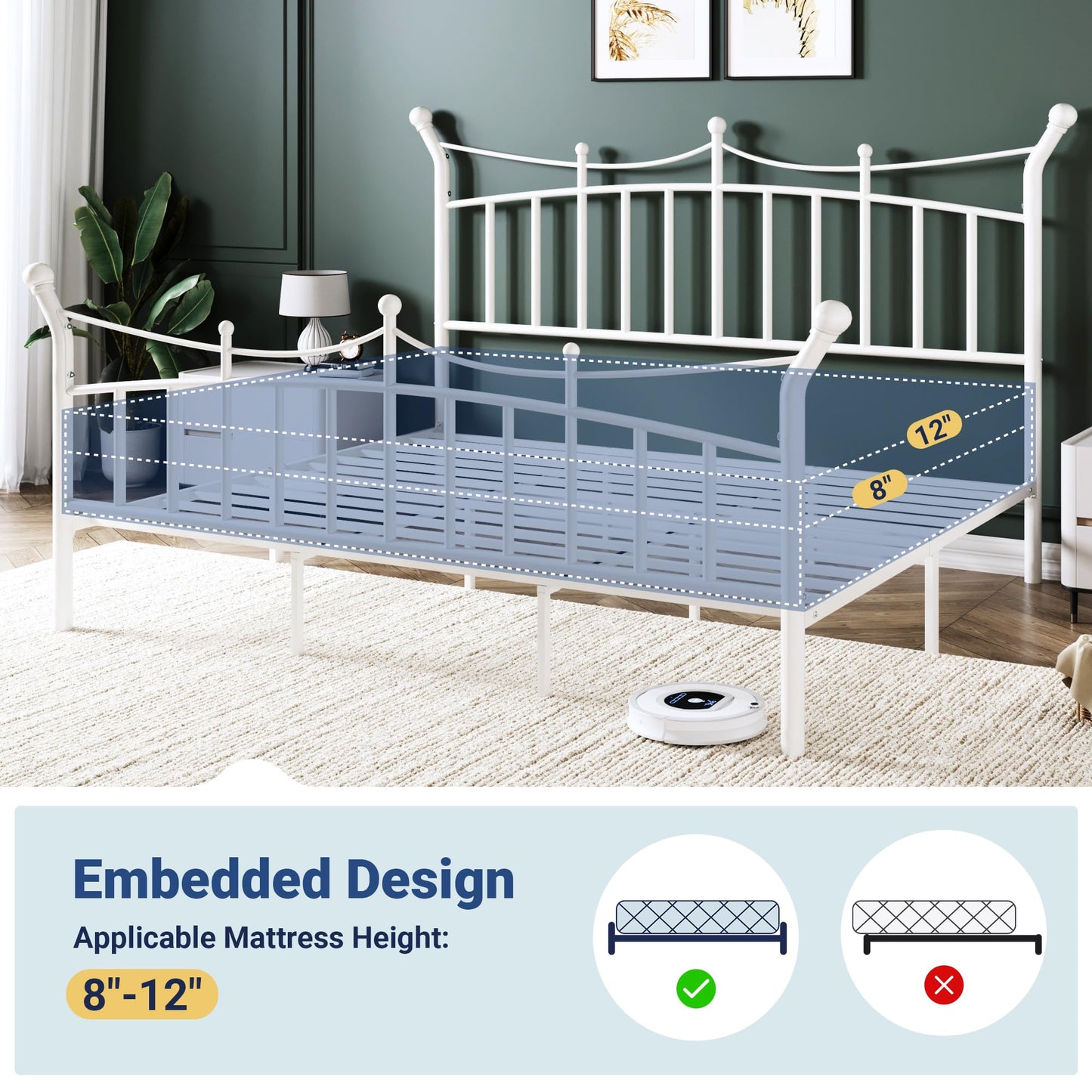 Allewie 14 Inches King Size Metal Platform Bed Frame with Elegant Crown Iron-Art Headboard & Footboard, Sturdy Mattress Foundation with Under-Bed Storage, Easy Assembly, No Box Spring Needed, White