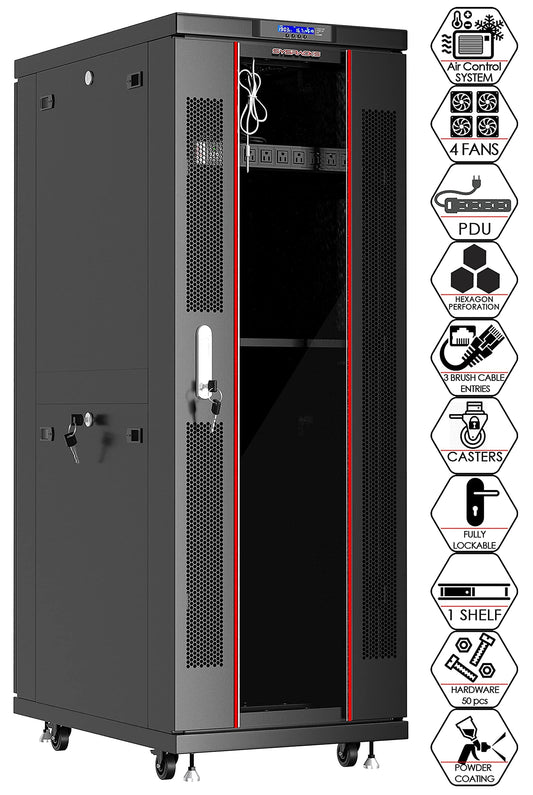 Sysracks 42U Server Rack Cabinet, 19” Floor Standing Enclosed Network Cabinet, 39” Deep IT Rack with Glass Door, 4 Fans, Temperature Control, PDU, Shelf