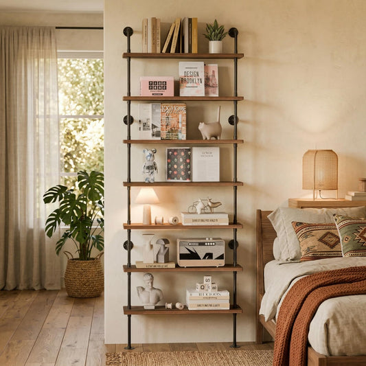 Anynice 7 Tier Industrial Ladder Shelf Bookcase, Wall Mounted Rustic Bookshelf for Living Room Decor and Storage (Walnut Color, 7 Tier - 10" D x 36" W x 95.5" H)
