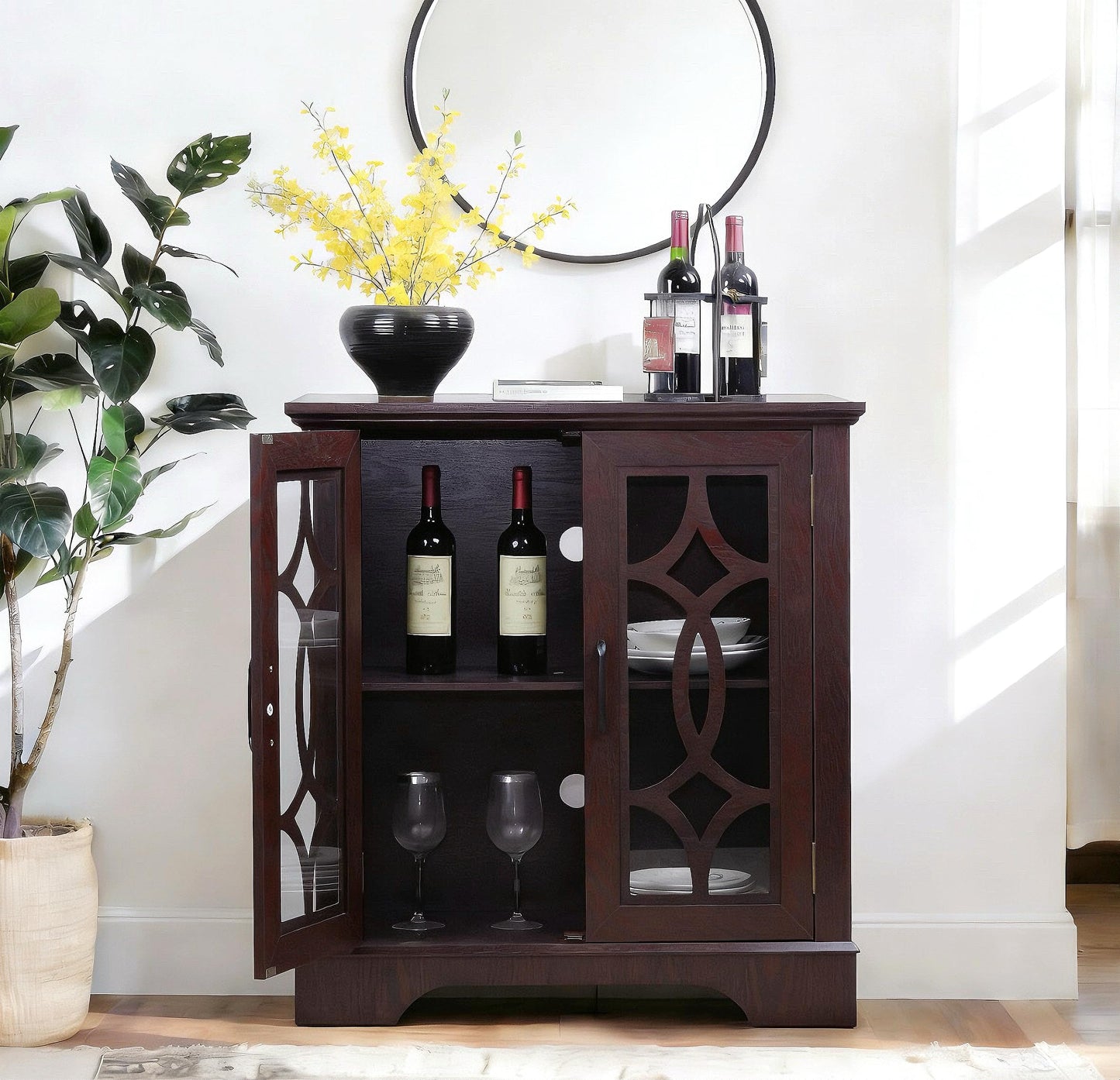 GDFStudio Modern Buffet Sideboard Cabinet, Storage Cabinet with 2 Tempered Glass Doors & Adjustable Shelf, Freestanding Credenza Buffet for Dining Room Kitchen, Accent Cabinet Coffee Bar, Ox Blood Red