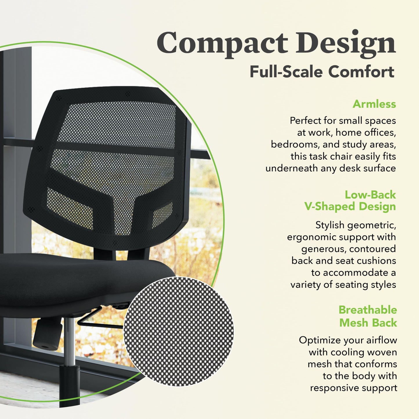 HON Volt Ergonomic Office Chair with Mesh Back, Armless Fabric Desk and Computer Chair with Center‑Tilt Recline and Wheels for Home Office or Workstation, Black