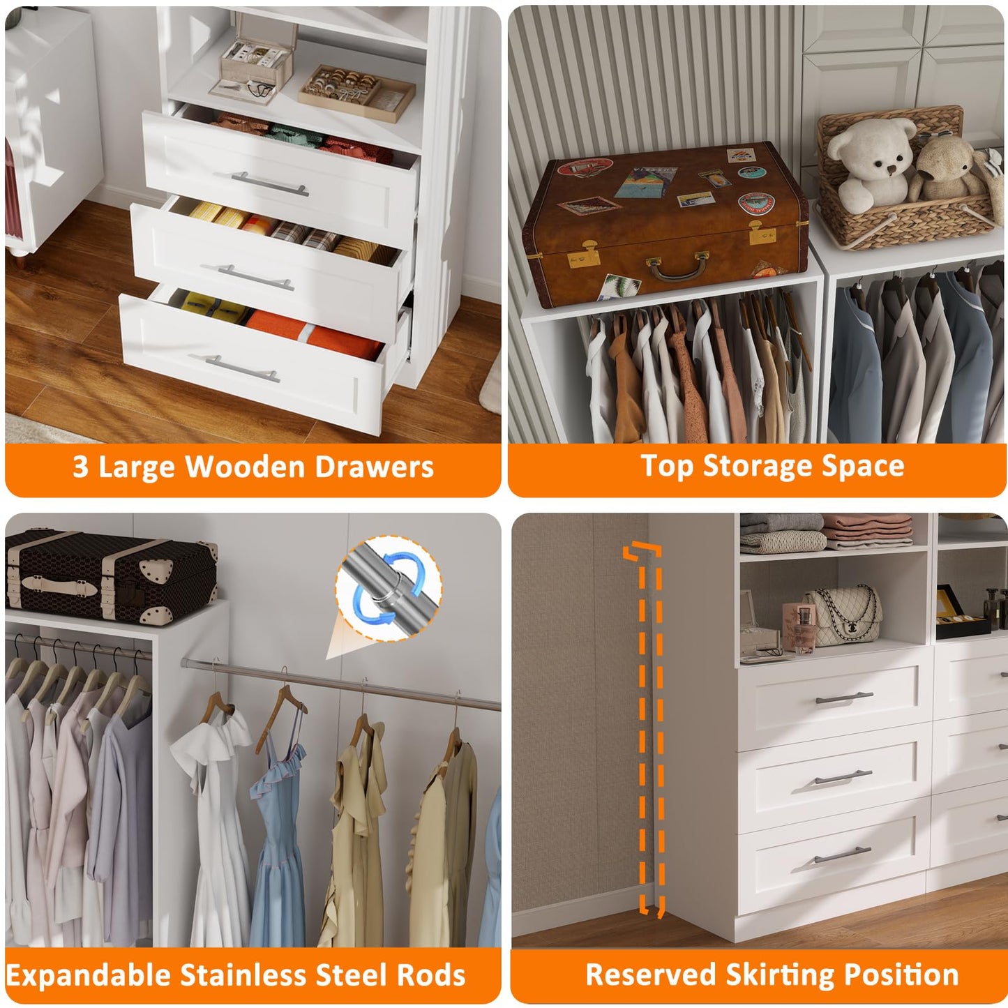 secilix Modular Closet System with 12 Drawers, 8FT Engineered Wood Closet Organizer System for Walk-in Closet, Storage Unit with 8 Extendable Hanging Rods, White (Set of 4)