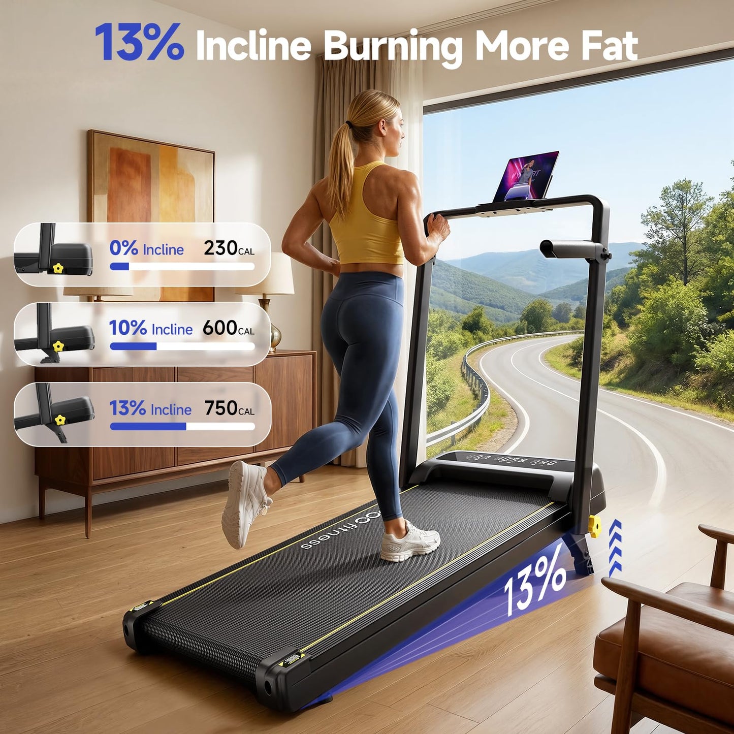 YPOO Foldable Treadmill with Incline, Walking Pad with Handle Bar 3 Level Incline, Portable Folding Treadmills for Home/Office 300 Lbs Capacity, Quiet Desk Treadmill with Remote Control & APP