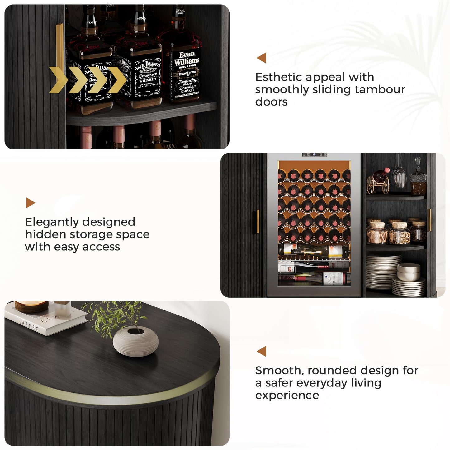 Jocoevol 53" Fluted Wine Bar Cabinet with Sliding Doors, Coffee Bar Cabinet with Charging Station & Glass Holder, Modern Liquor Whiskey Buffet Sideboard for Dining Room, Living Room, Kitchen (Black)