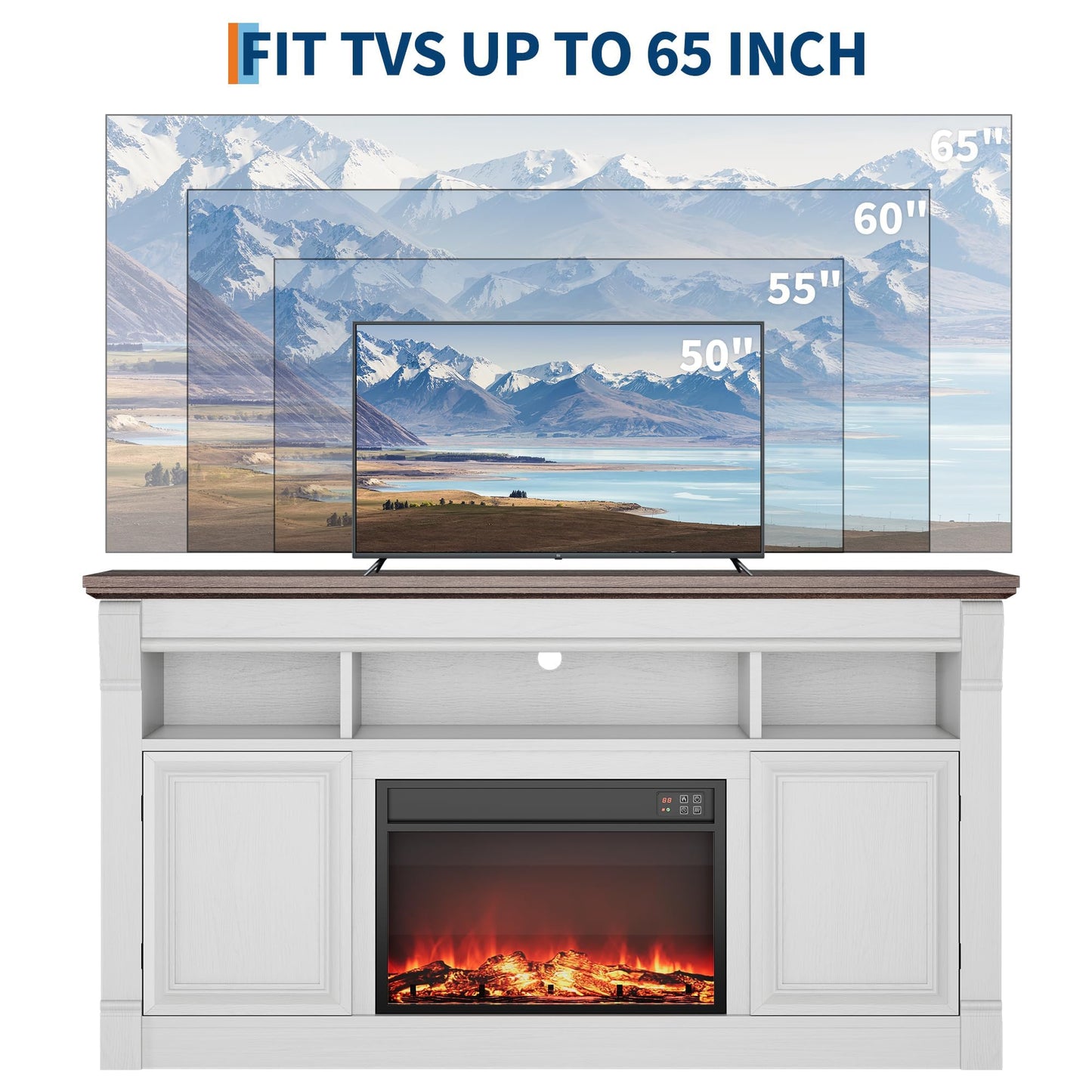 IDEALHOUSE 58 Inch Fireplace TV Stand,Wooden Entertainment Center with 30 Inch Fireplace, Farmhouse Media Console with Storage Cabinets for Living Room, White&Brown