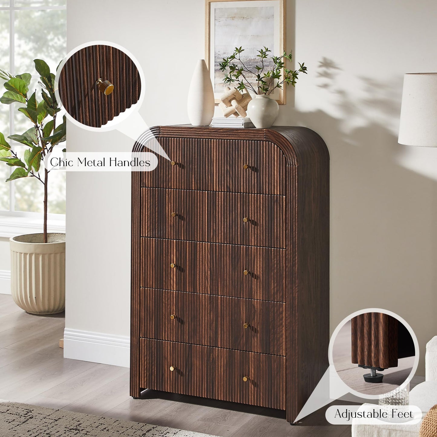 T4TREAM Fluted 5 Drawers Dresser, 48" Tall Modern Chest of Drawers with Thickened Curved Profile Design, Wood Closet Clothes Storage Organizer for Bedroom, Living Room, Hallway, Dark Walnut
