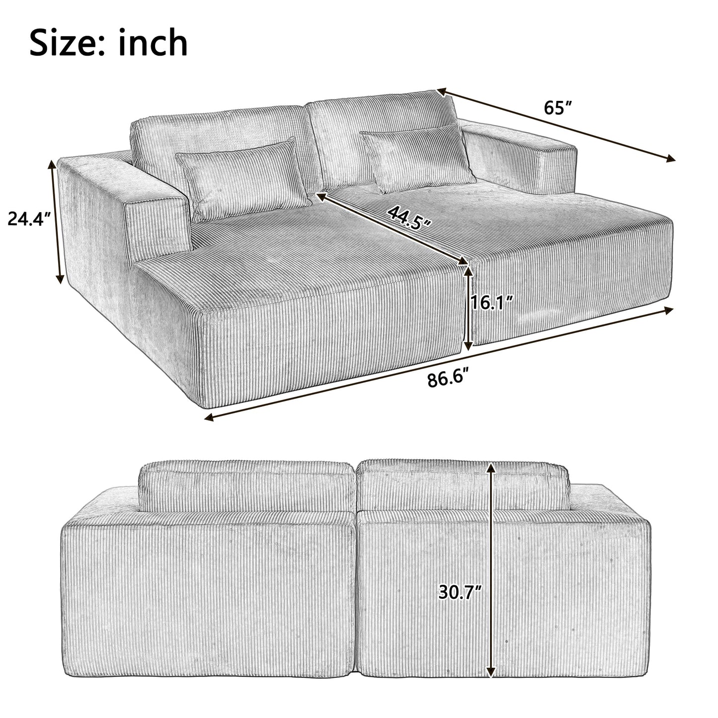 86-Inch Fluffy Corduroy Boneless Sleeper Daybed Loveseat Double Recliner Chaise Lounge Sofa Couches, Floor Cloud Sofa Chaise W/4 Pillows for Home Apartment Living Room