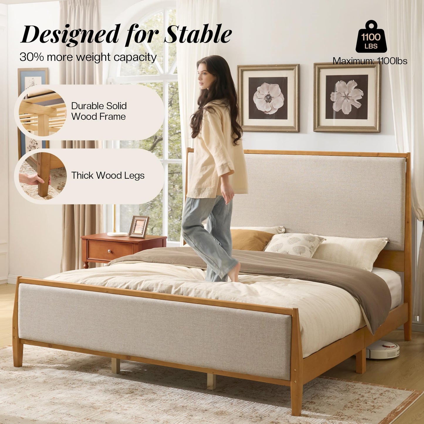 Jocisland 58" Tall Solid Wood King Size Bed Frame with Upholstered Headboard & Footboard, Wooden Platform Bedframe, No Box Spring Needed, Easy Assembly, Modern Farmhouse Style, Walnut