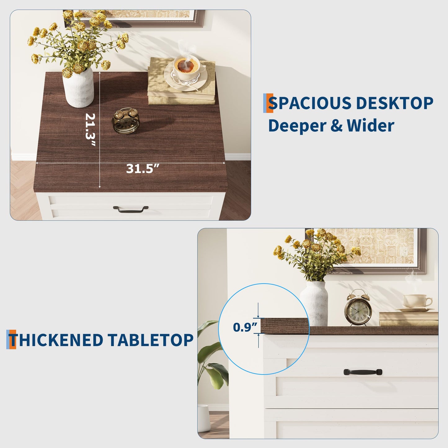 IDEALHOUSE Farmhouse Lateral File Cabinet with 2 Full Extened Drawers, Filing Storage Cabinet for Legal, Letter & A4 Files, Office Organizer w/Thick Desktop, for Home Office, Rustic Brown White
