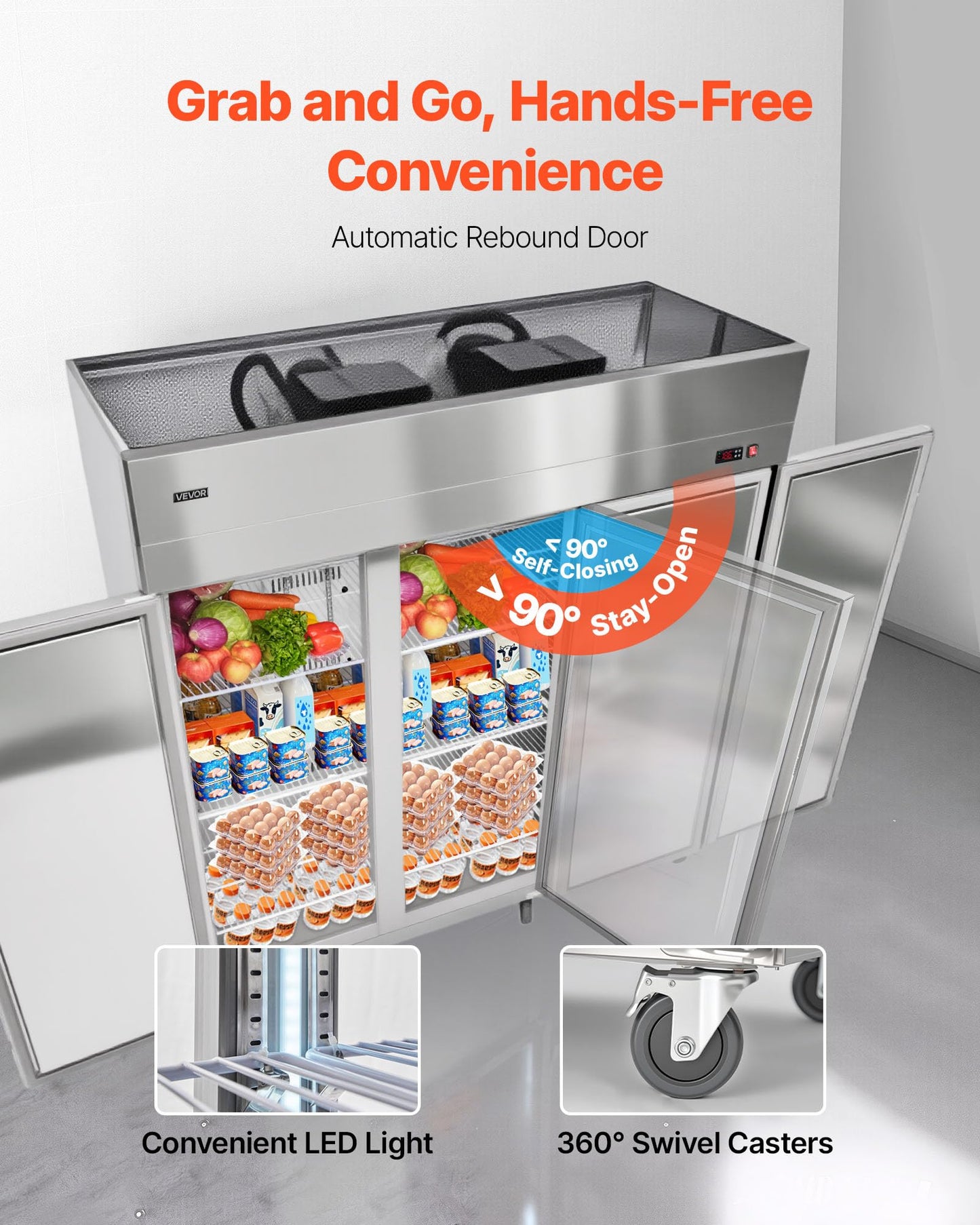 VEVOR Commercial Reach-In Refrigerator 72" W, 52 Cu.Ft Stainless Steel Upright Refrigerator with Three Doors, Auto-Defrost, 9 Adjustable Shelves, 32 to 50℉ Temp Control, UL Certified