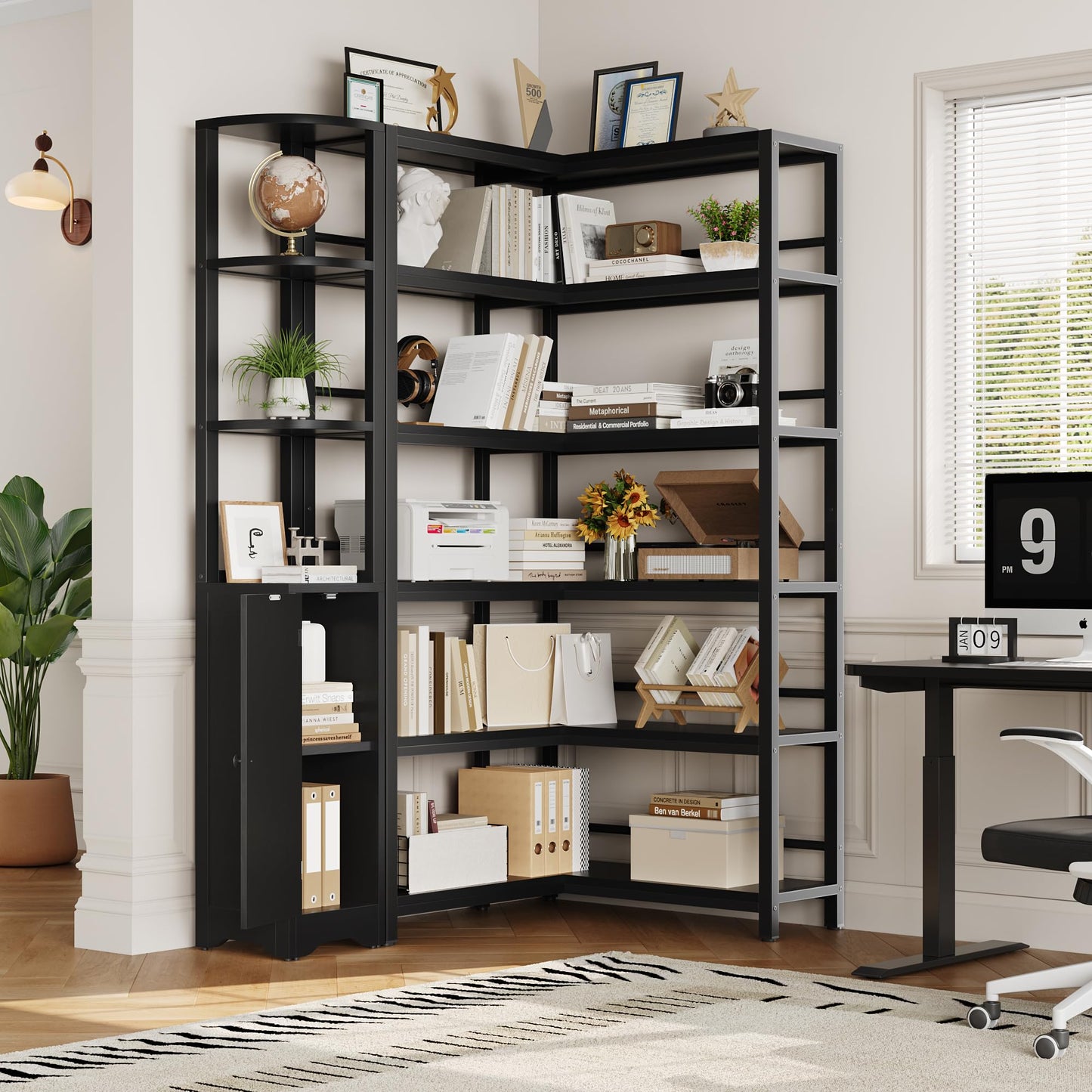 Keyluv Modern 72" Tall Corner Bookshelf with Storage Cabinet, Large 2-Piece Reversible L-Shaped Bookcase with Door, 6-Tier Display Shelf for Living Room, Home Office, Pantry, Black