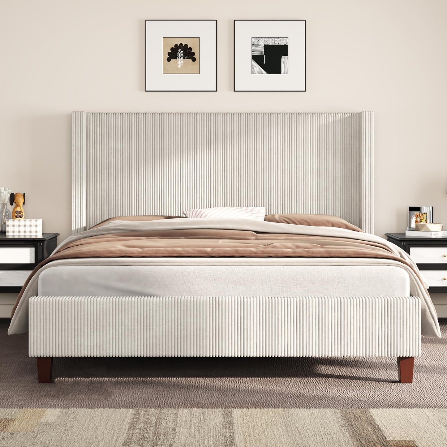AMERLIFE Queen Size Upholstered Bed Frame with 50.8" Tall Headboard, Wingback Platform Bed with Solid Wood Legs, Wooden Slats, Corduroy/No Box Spring Needed/Noise Free/Cream