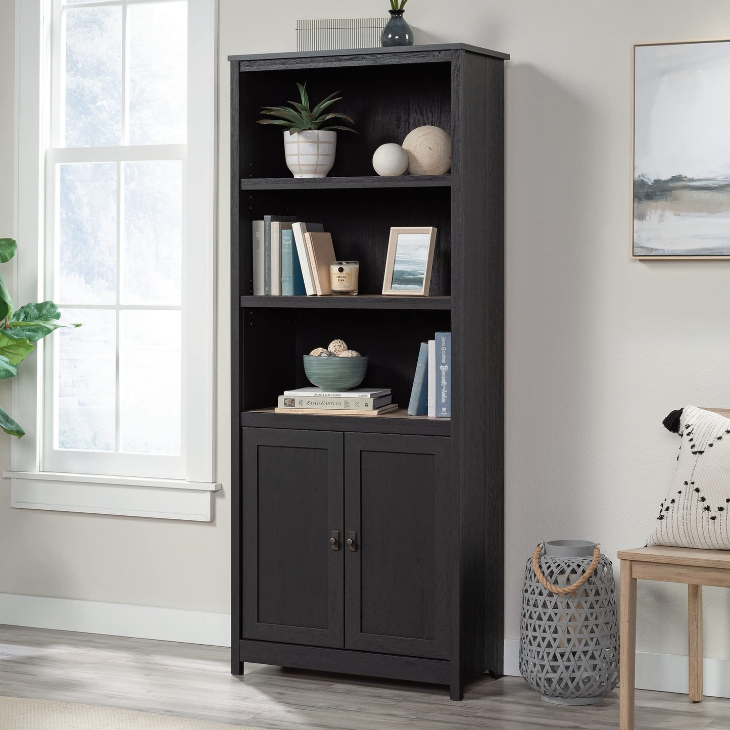 Sauder Cottage Road Book Shelf, Bookshelf with Storage, Library Bookcase with Doors and Adjustable Shelves, in Raven Oak Finish