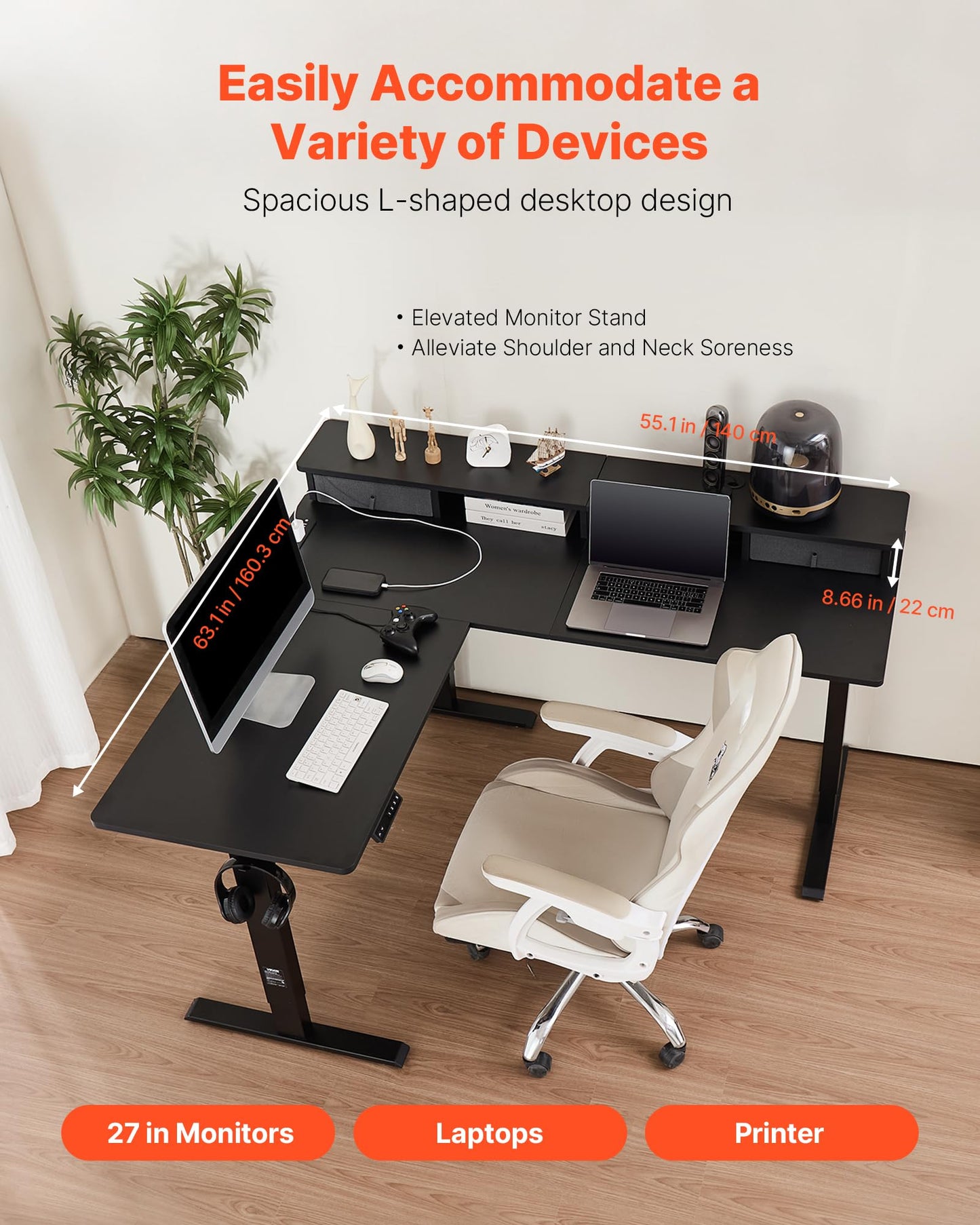 VEVOR L Shaped Electric Standing Desk with 2 Drawers, 63 x 55 inch Adjustable Height Corner Desk with Storage, Sit Stand up Computer Table with Light Strips for Office Home, Easy to Assemble, Black