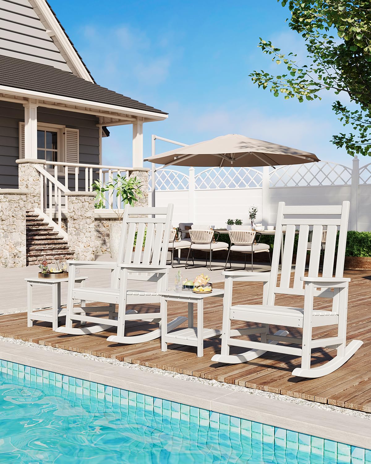 GarveeLife Poly Lumber Rocking Chair Outdoor Set of 2 with Side Table - HDPE High Back Porch Rocker Chairs for Adults - All Weather Resistant Furniture for Patio - White