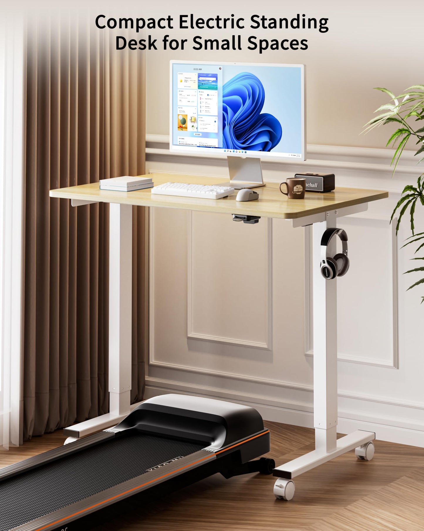 BIZUM 35.4" Small Electric Standing Desk Height Adjustable, Whole Piece Stand Up Computer Desk Work Study Writing Gaming Desks for Home Office Oak