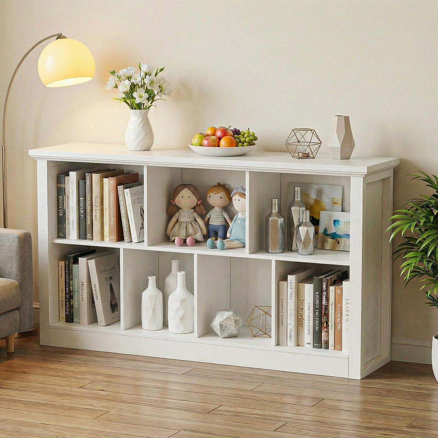 Unikito 7 Cube Storage Book Shelf - 47" Wide Wood Cube Storage Organizer, Wooden 2 Tiers Floor Standing Low Bookcase for Living Room, Bedroom, Home Office, Kids Room, Rustic White