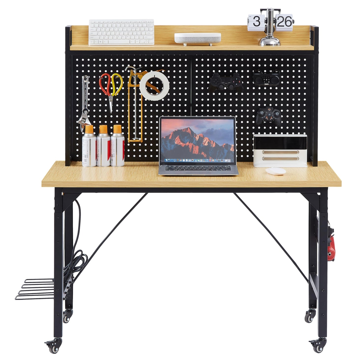 KEIKI 48 Inch Adjustable Workbench with Pegboard and Outlets, Heavy Duty Rolling Work Bench with Wheels, Wooden Desktop Shelf Hooks, 2000 lbs Capacity for Garage Workshop Home, Yellow Black