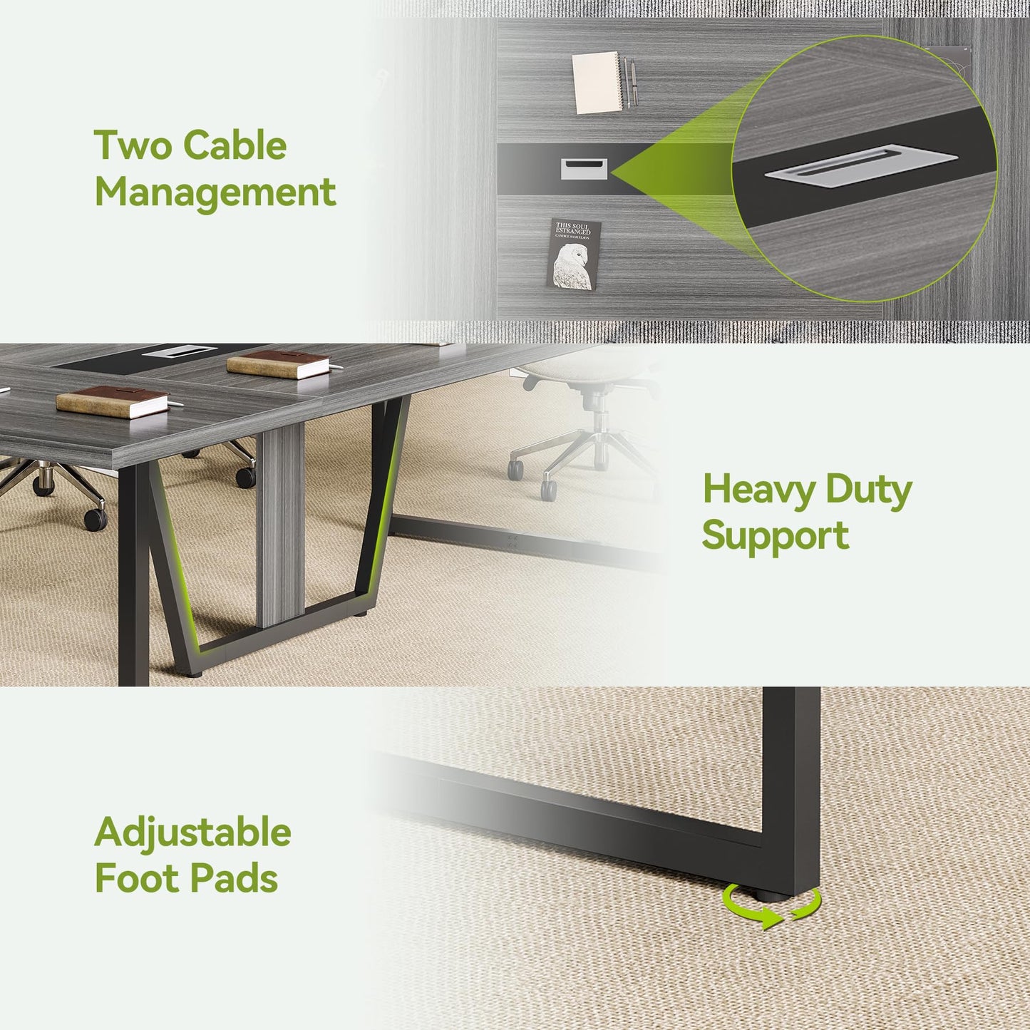 LITTLE TREE 8FT Conference Table for 10 People, Large Meeting Table, Modern Wooden Conference Room Tables with Cable Management, Business Style Training Tables with Strong Metal Legs for Office, Grey
