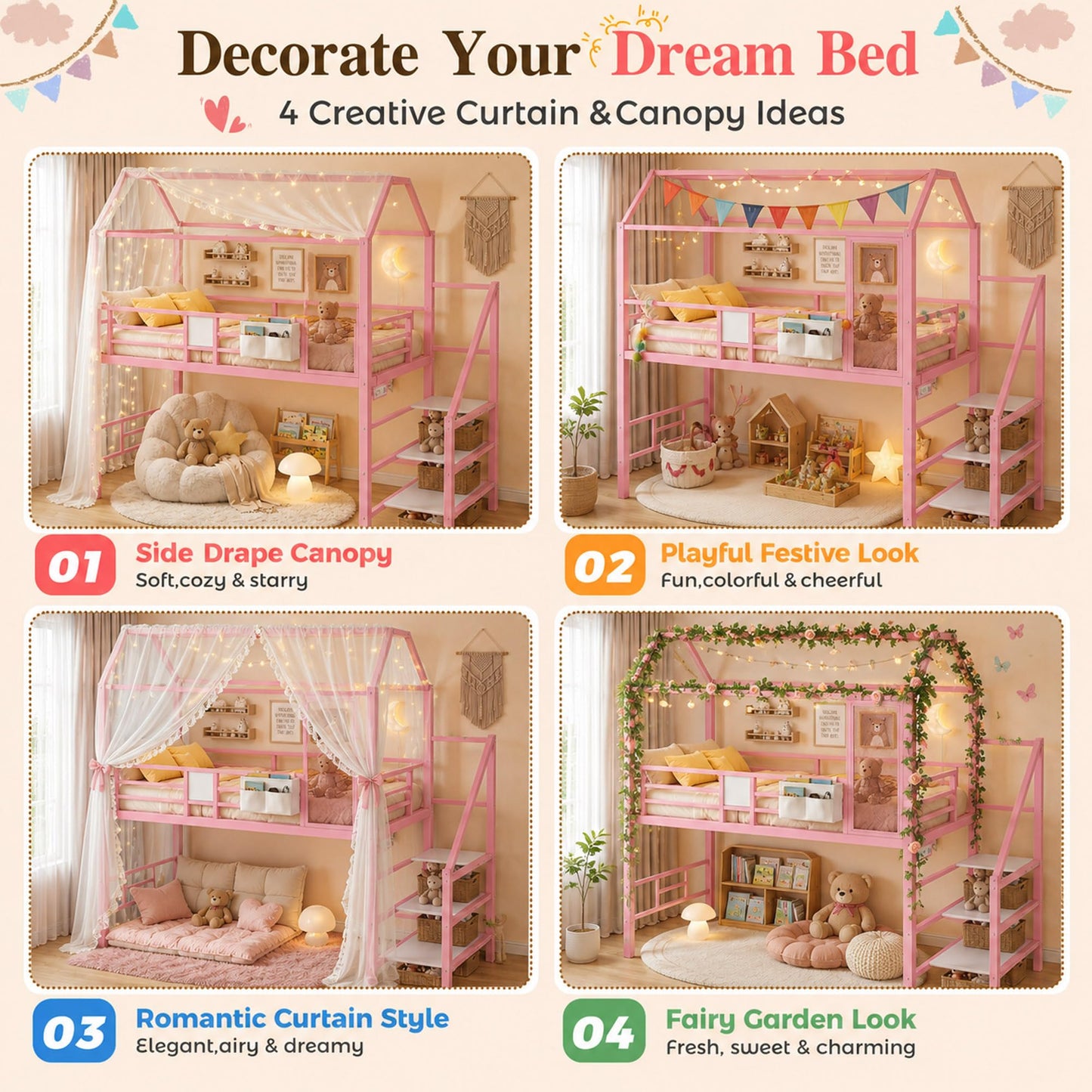 Firscook Twin Loft Bed with Stairs, Charging Station, Storage & Light Strip, Metal House Shape Loft Bed Twin Size, Heavy-Duty Loft Beds Frame for Kids, Teens, No Box Spring Needed, Pink (Pink, Twin)