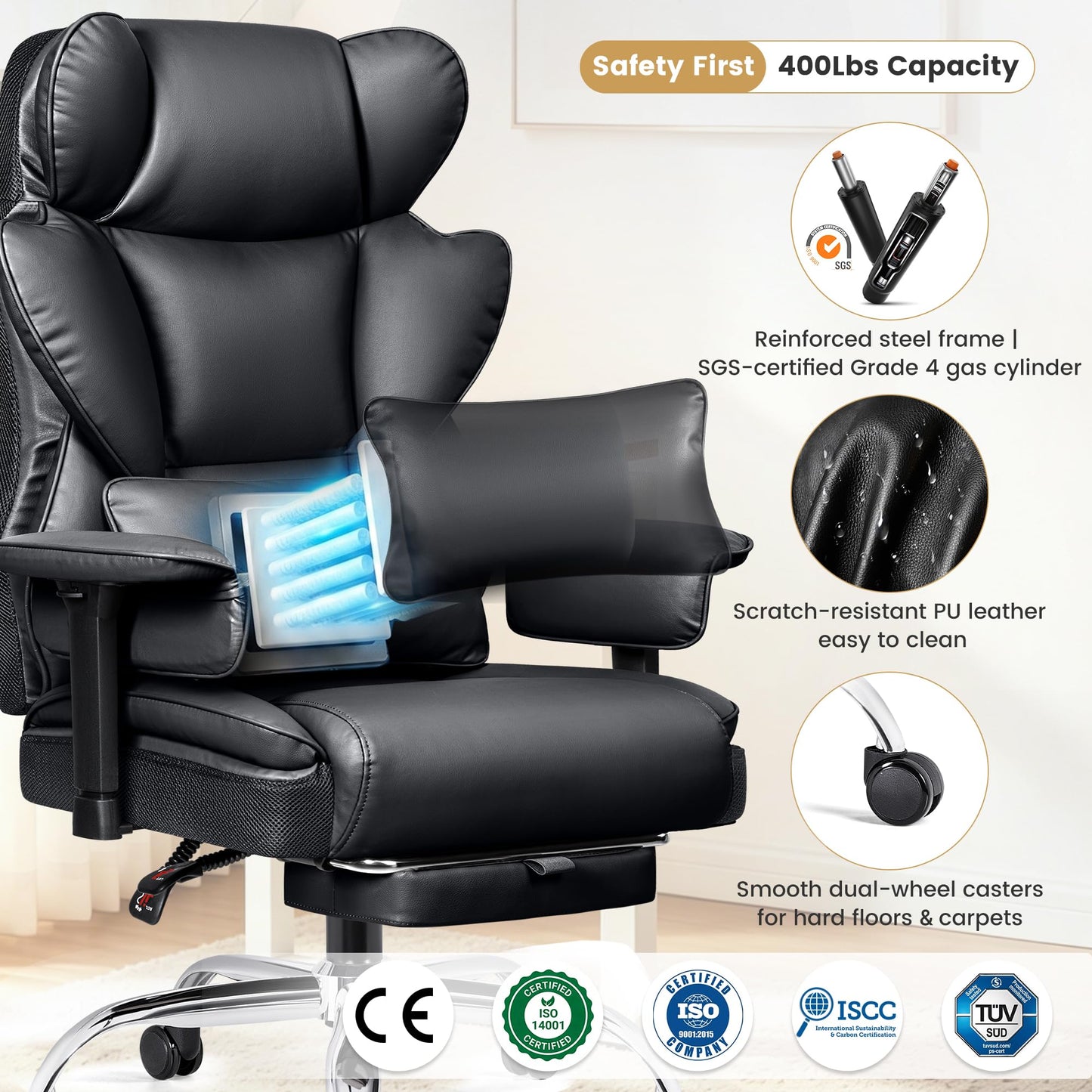 Stella Mia Big & Tall Office Chair – 21.3" Wide Seat High Back Ergonomic Executive Chair with Retractable Footrest, Heavy Duty Computer Gaming Chair for Heavy People, Black 2 Pack