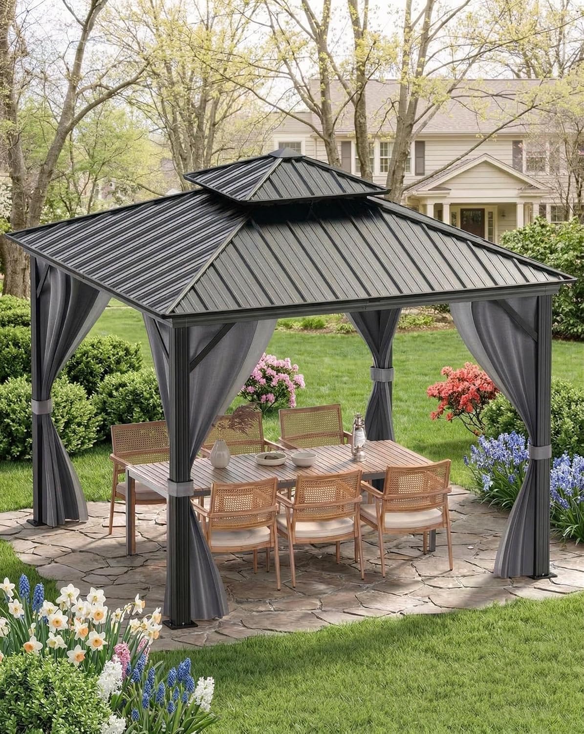 12'X12' Hardtop Gazebo, Outdoor Double Roof Galvanized Steel Gazebo, Aluminum Heavy-Duty Steel Top Canopy with Mosquito Net & Privacy Curtain for Patio, Porch, Garden, Lawn, Deck, Backyard,Gray