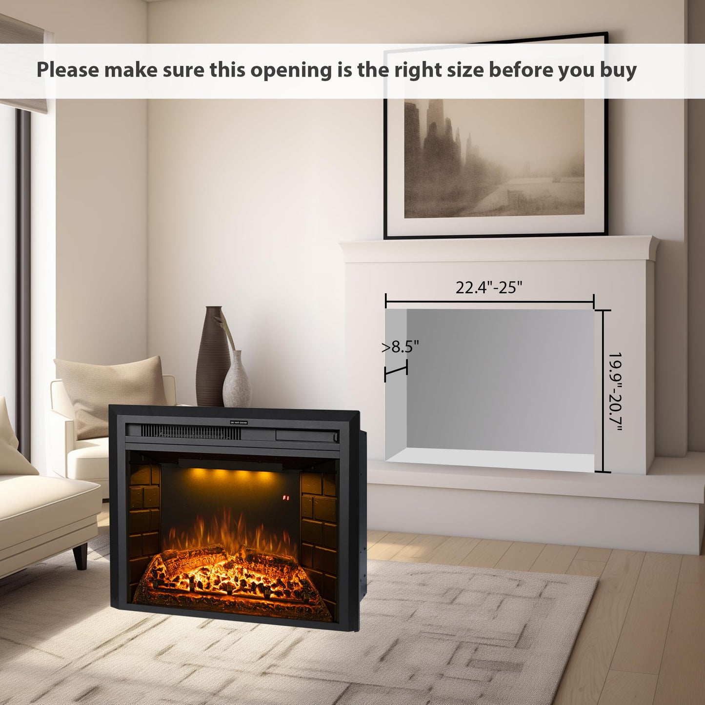 Benrocks 25'' Electric Fireplace Inserts, Recessed & Built in Wall Electric Fireplace Heater with Fire Crackling Sound, Adjustable Top Light & Flame Speed, Overheating Protection, 750/1500W Black