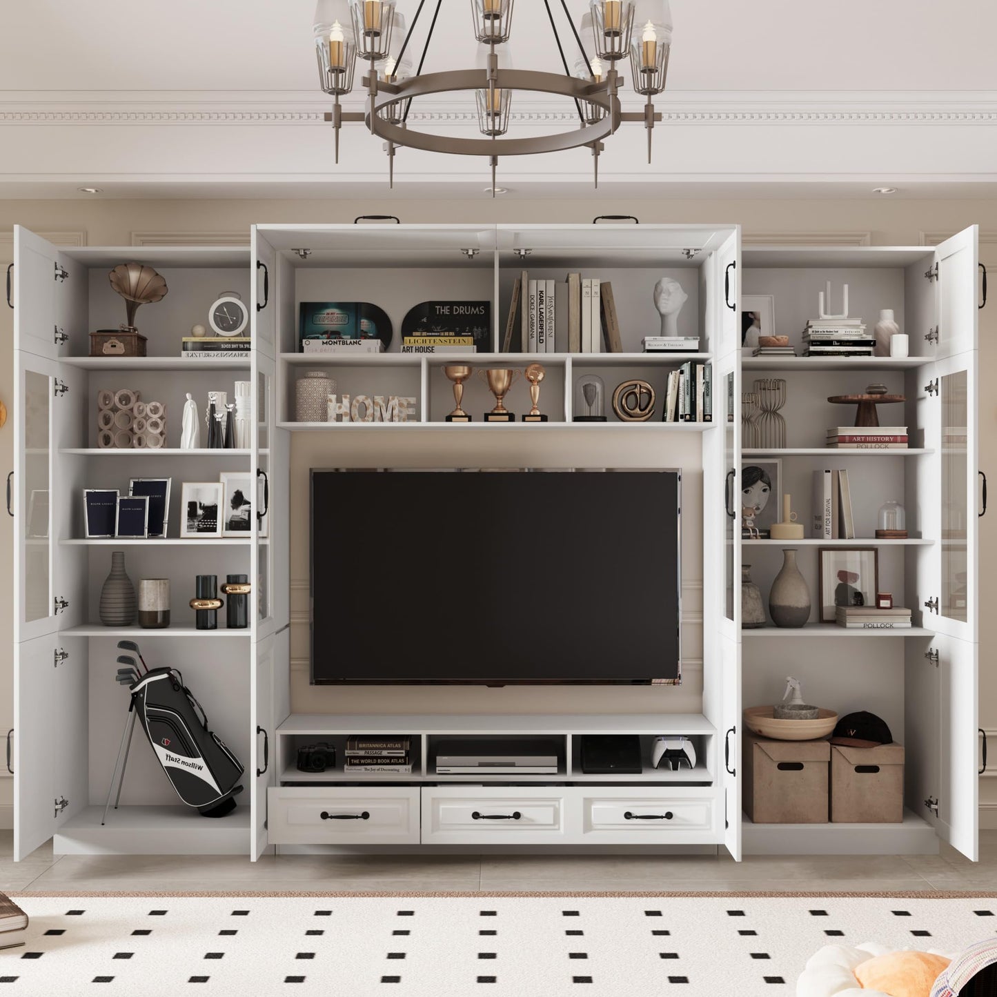 Mekminop 126" Entertainment Center Wall Unit with Glass Doors & Drawers, Large Wall Unit TV Stand for TVs up to 70", Media Console Table for Living Room, Can be Split into 4 Separate Cabinet, White