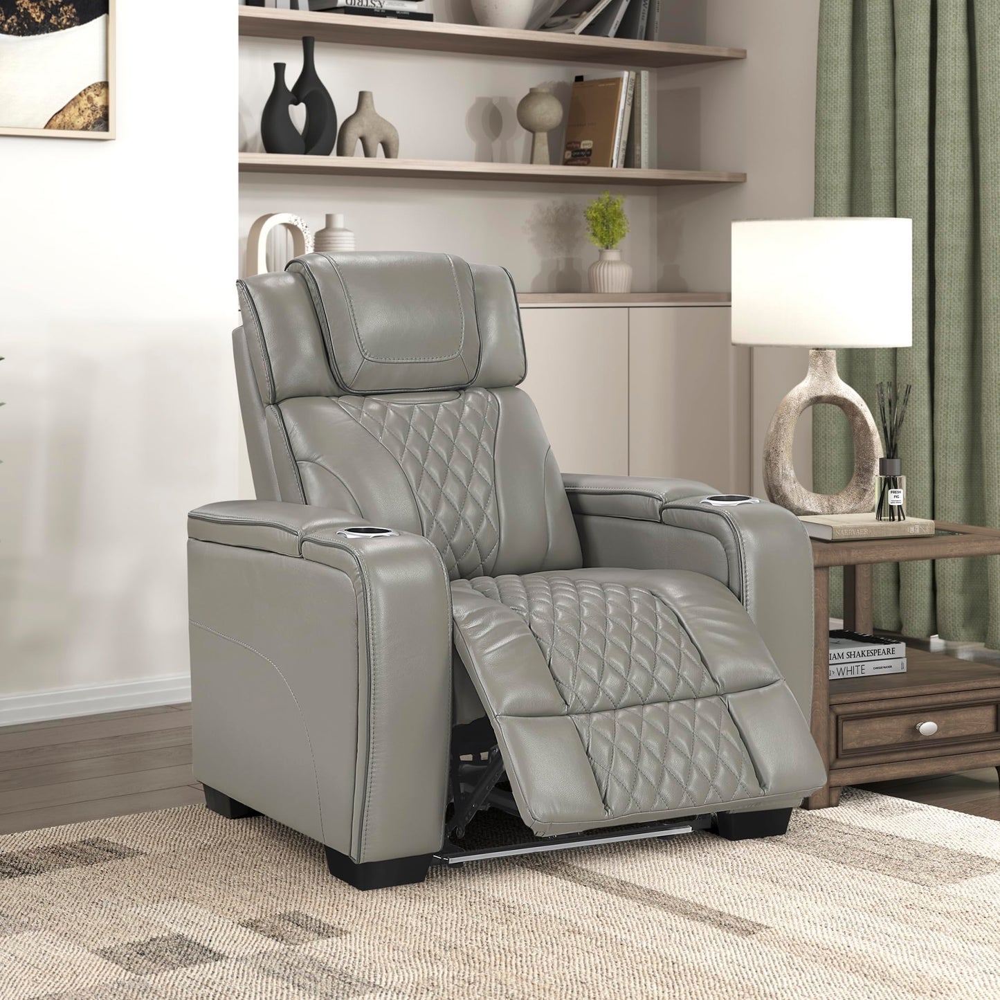 Lexicon Leather Power Recliner Chair with Heat/Massage/Headrest/Storage Arms/Cup Holders/LED Lights and Charging Ports, Top Grain Leather Match Wall Hugger Power Recliner Chairs for Adults, Grey