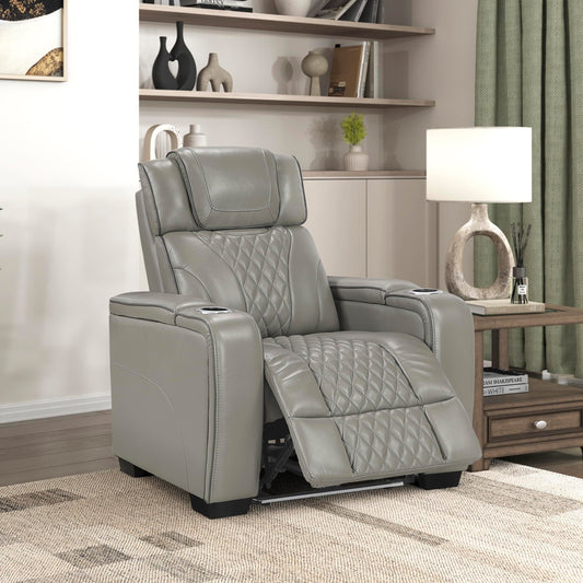 Lexicon Leather Power Recliner Chair with Heat/Massage/Headrest/Storage Arms/Cup Holders/LED Lights and Charging Ports, Top Grain Leather Match Wall Hugger Power Recliner Chairs for Adults, Grey