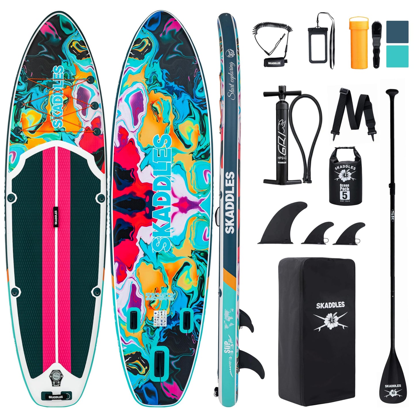 SKADDLES 10’6’’ Portable Inflatable Stand Up Paddle Board (SUP) for Adults and Youth with Non-Slip Deck – Complete Accessories Kit, Perfect for Fishing, Yoga, Fitness & Family Fun (Paintide)