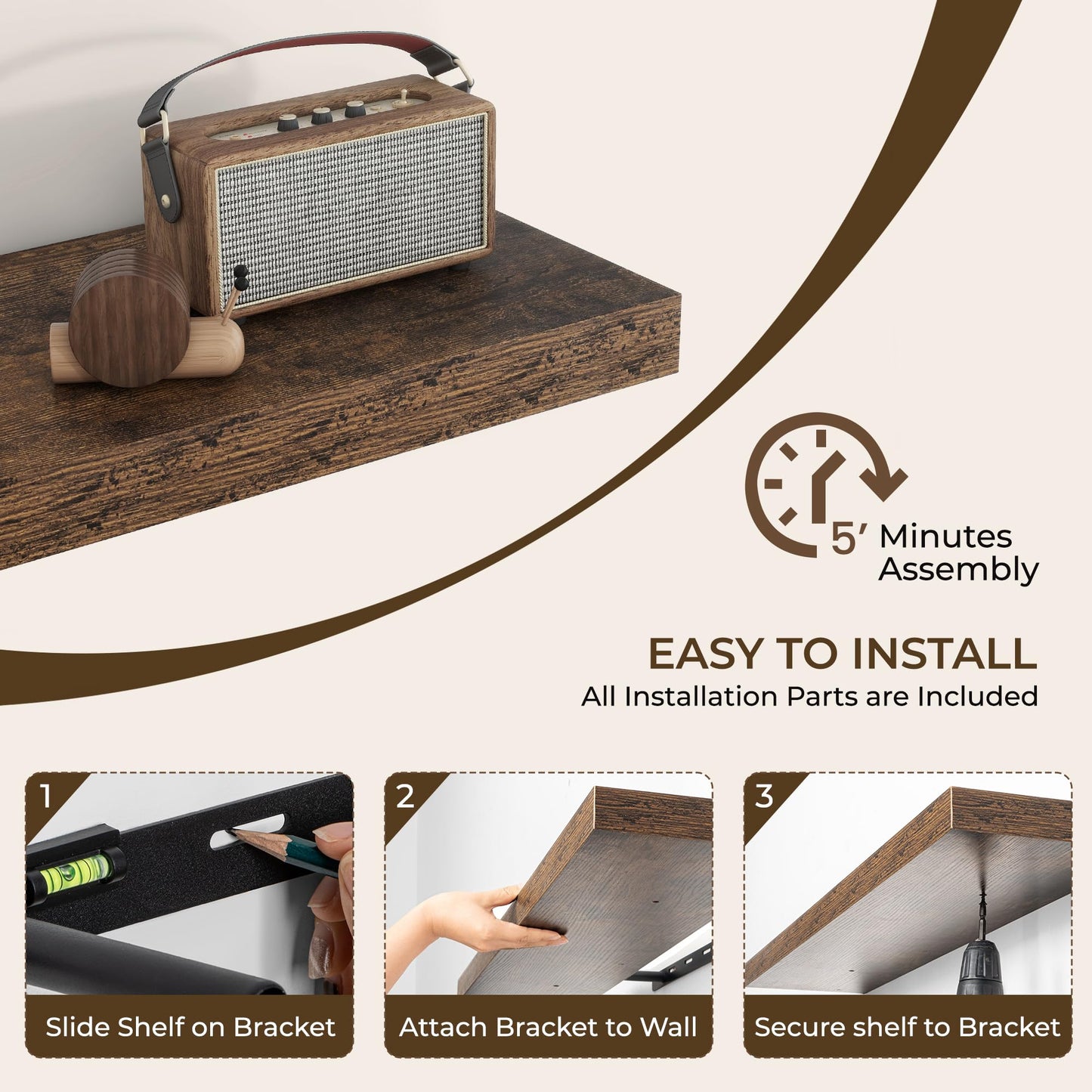 RICHFOCUS 72Inch Floating Shelves for Wall 2 Pack Shelves for Bedroom|Kitchen|Bathroom Wall Mounted Rustic Wood Floating Shelf with Invisible Brackets for Books|Storage|Decor, Rustic Brown