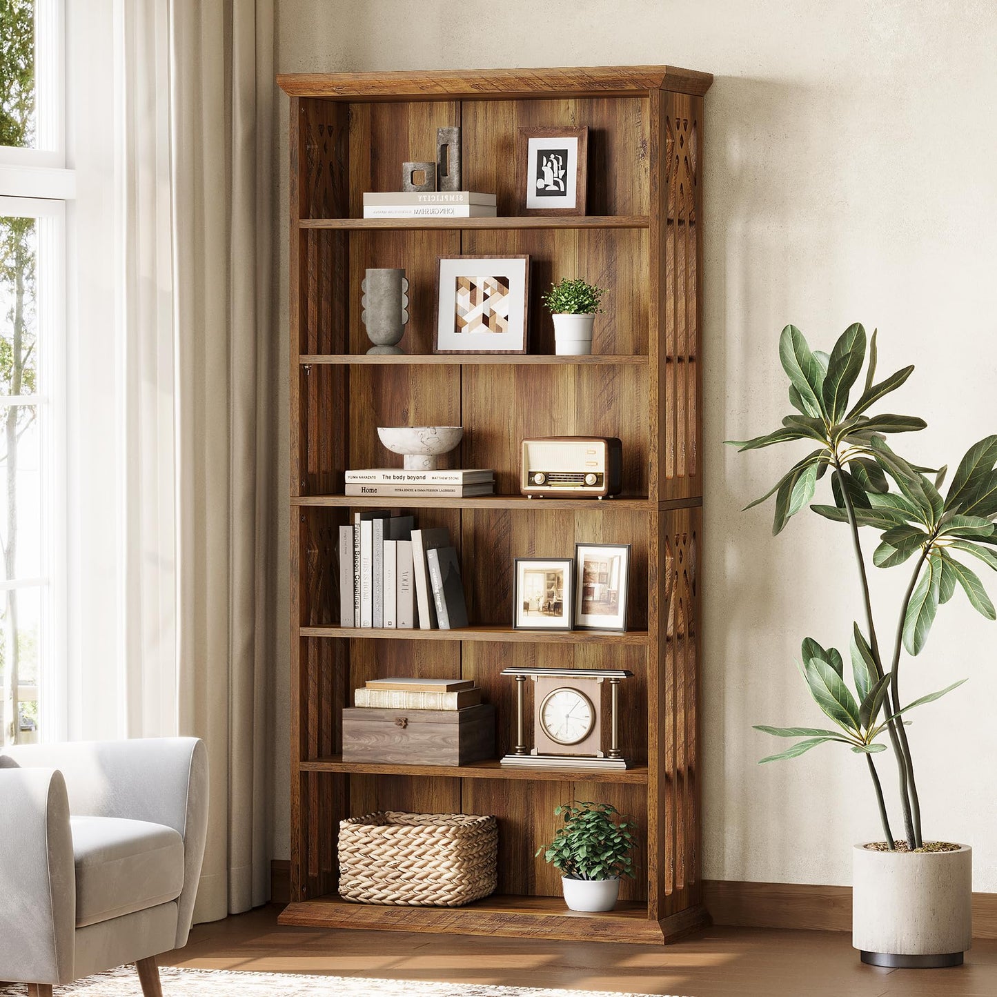 LITTLE TREE 6-Tier Bookcase, 75-Inch Farmhouse Bookshelves and Bookcases, Floor Standing 6 Shelf Wooden Display Storage Shelves Tall Bookcase for Home Office, Living Room, Bed Room, Brown