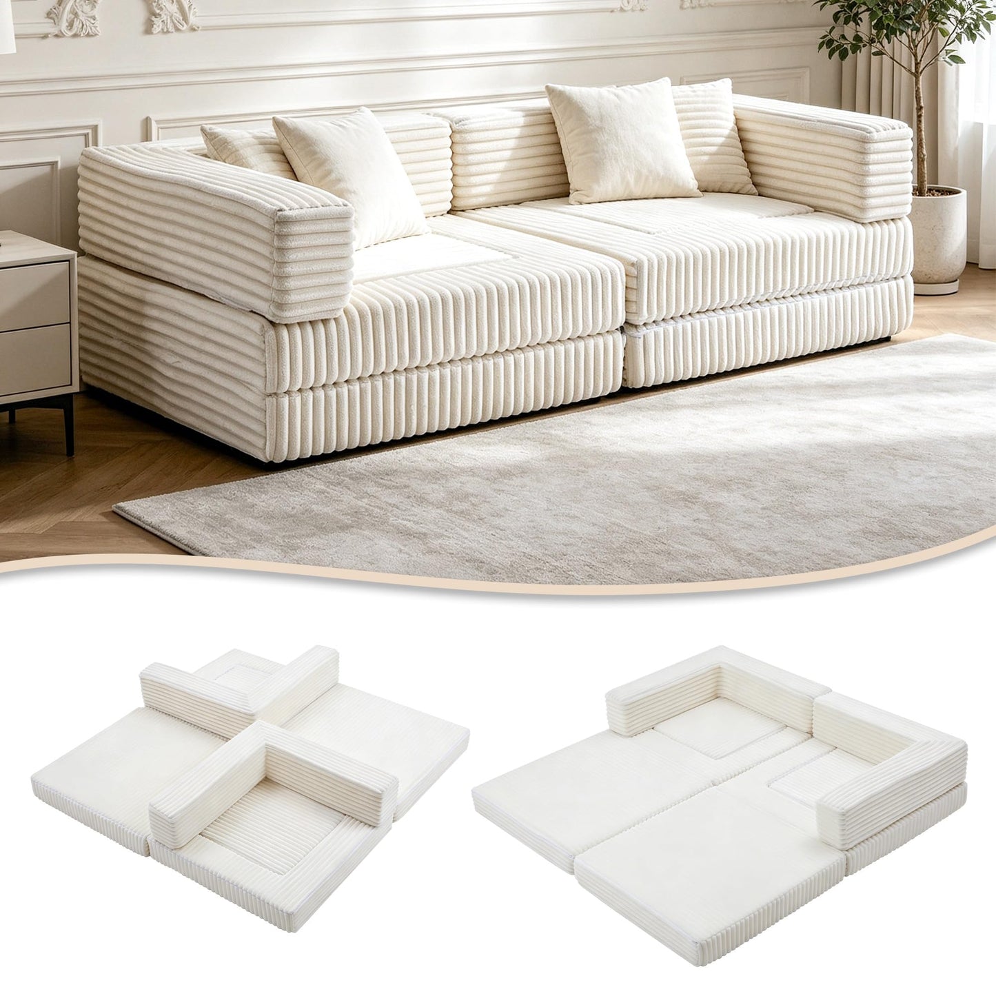 Umoving Modular Floor Sofa Couch Set of 2, Convertible Folding Lounge Sofa Bed with Adjustable Backrest, Family Seating for Kids, Teens & Adults, Gaming, Reading & Relaxing, White