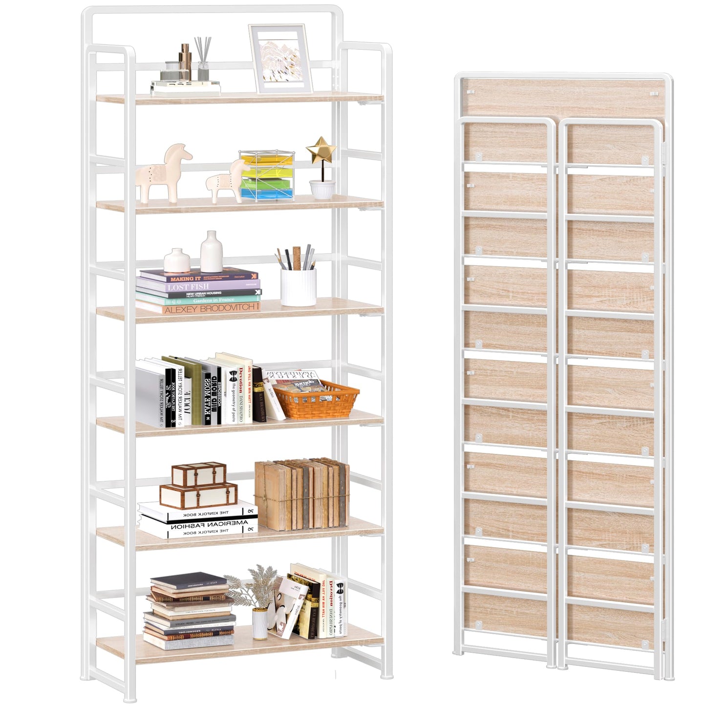 4NM No Assembly 6 Tiers Folding Bookshelf Storage Shelves Vintage Bookcase Standing Racks Study Organizer Home Office (Natural White)