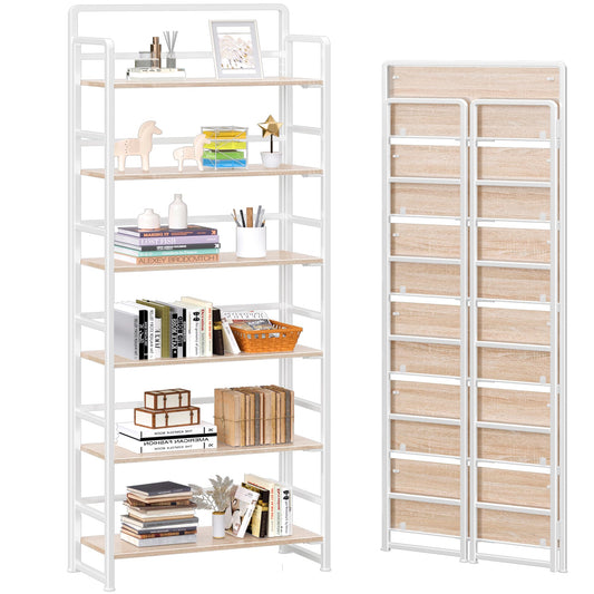 4NM No Assembly 6 Tiers Folding Bookshelf Storage Shelves Vintage Bookcase Standing Racks Study Organizer Home Office (Natural White)
