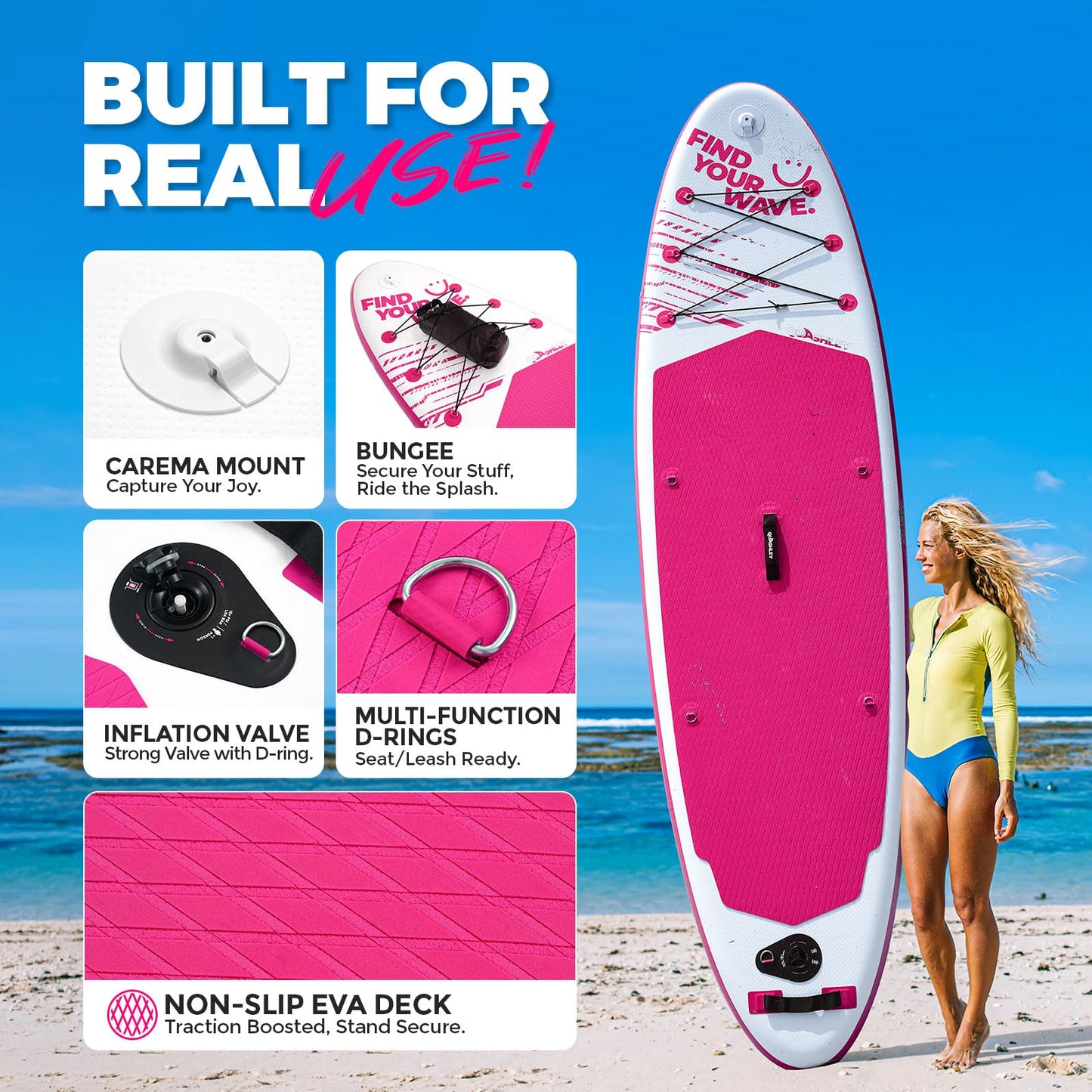 Quashley All-in-One Inflatable Stand Up Paddle Board: SUP with Paddle, Pump, 10L Waterproof Bag - 10.5'*32" Portable & Tough for Outdoor Adventures