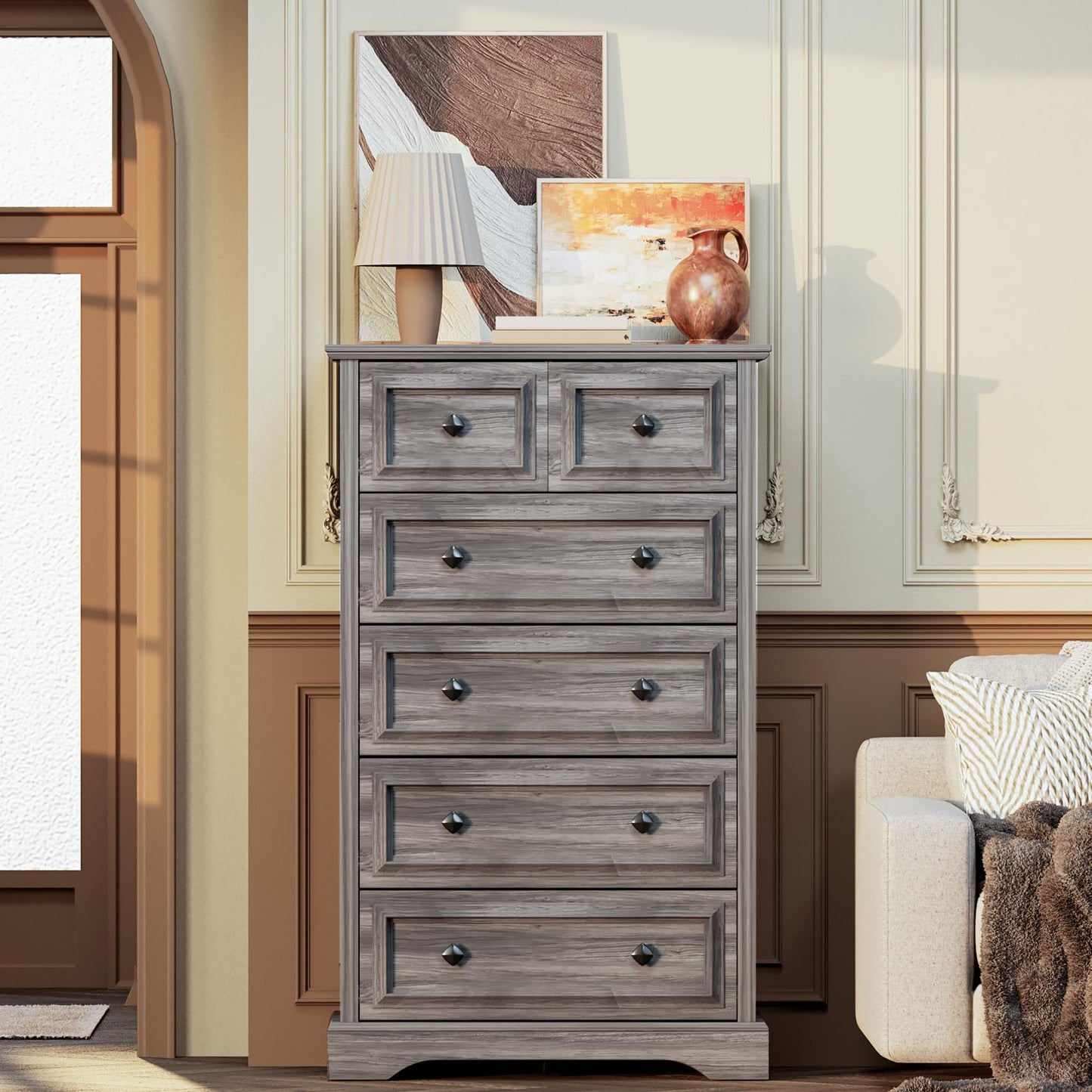 VVFLU Grey Dresser, 48" Tall Dresser with Natural Texture & Metal Handles, 6 Drawer Chest of Drawers for Bedroom, Living Room, Hallway, Vintage Design