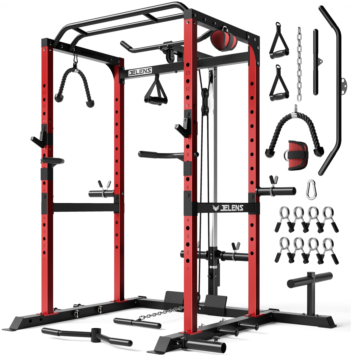 JELENS S21 Power Cage, Multi-Function Power Rack with Adjustable Cable Crossover System, 2000LBS Squat Rack for Home Gym with More Training Attachments (Red, 0823BK-05)