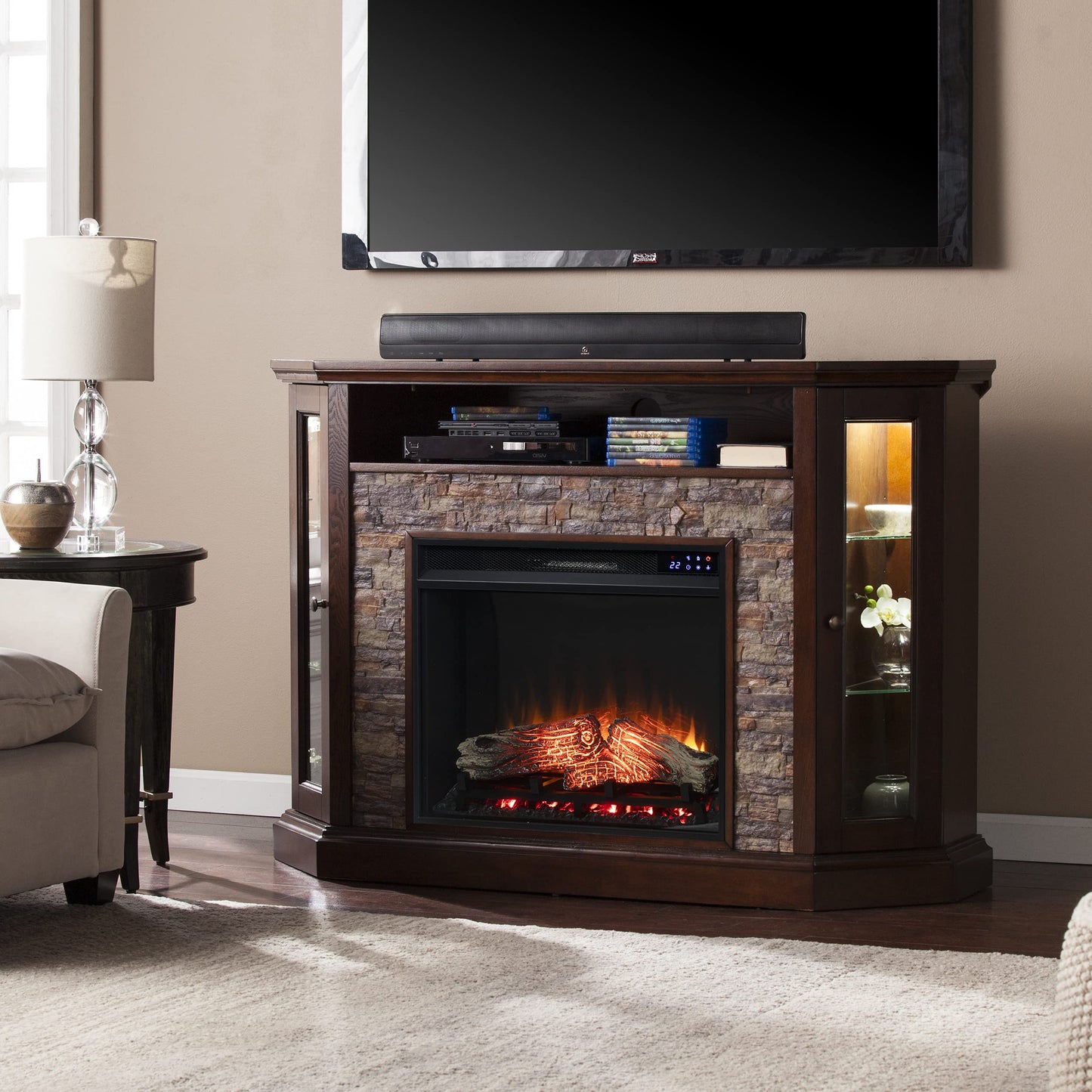SEI Furniture - Redden Corner-Convertible Electric Fireplace with Touch Screen - Espresso - Transitional Design, Brown Glass and Wood - Ideal for Living Room, Bedroom (FR9392)