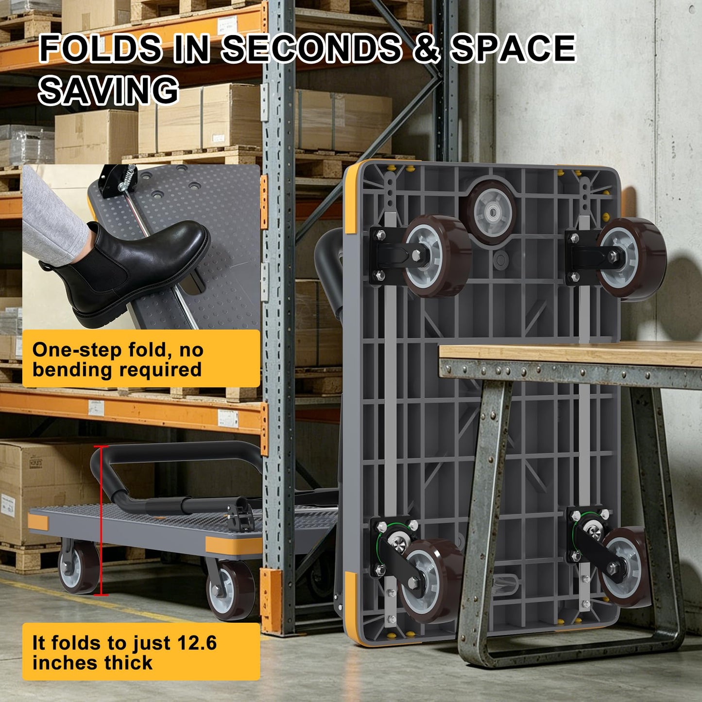 WUD Push Cart, Folding Mobile Platform Trolley,Thickened and Reinforced, 360° Swivel Wheels,35.4 “L x 23.6 ”W, 1323 lb.Grey Dolly cart with Wheels