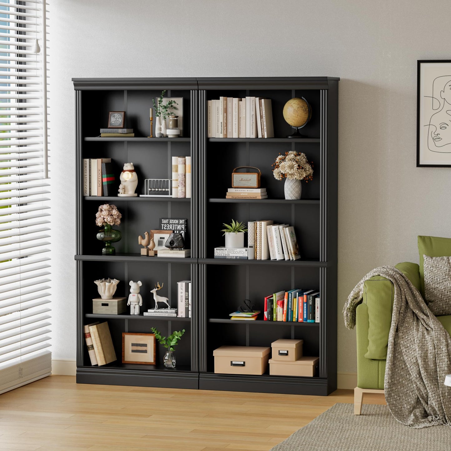 YESHOMY 72" Bookcase and Bookshelf, 5-Tier Wood Bookcases with Shelves, Tall Floor Standing Book Shelf Storage Cabinet Home Decor Furniture for Living Room, Home Office, Black, 2 PCS