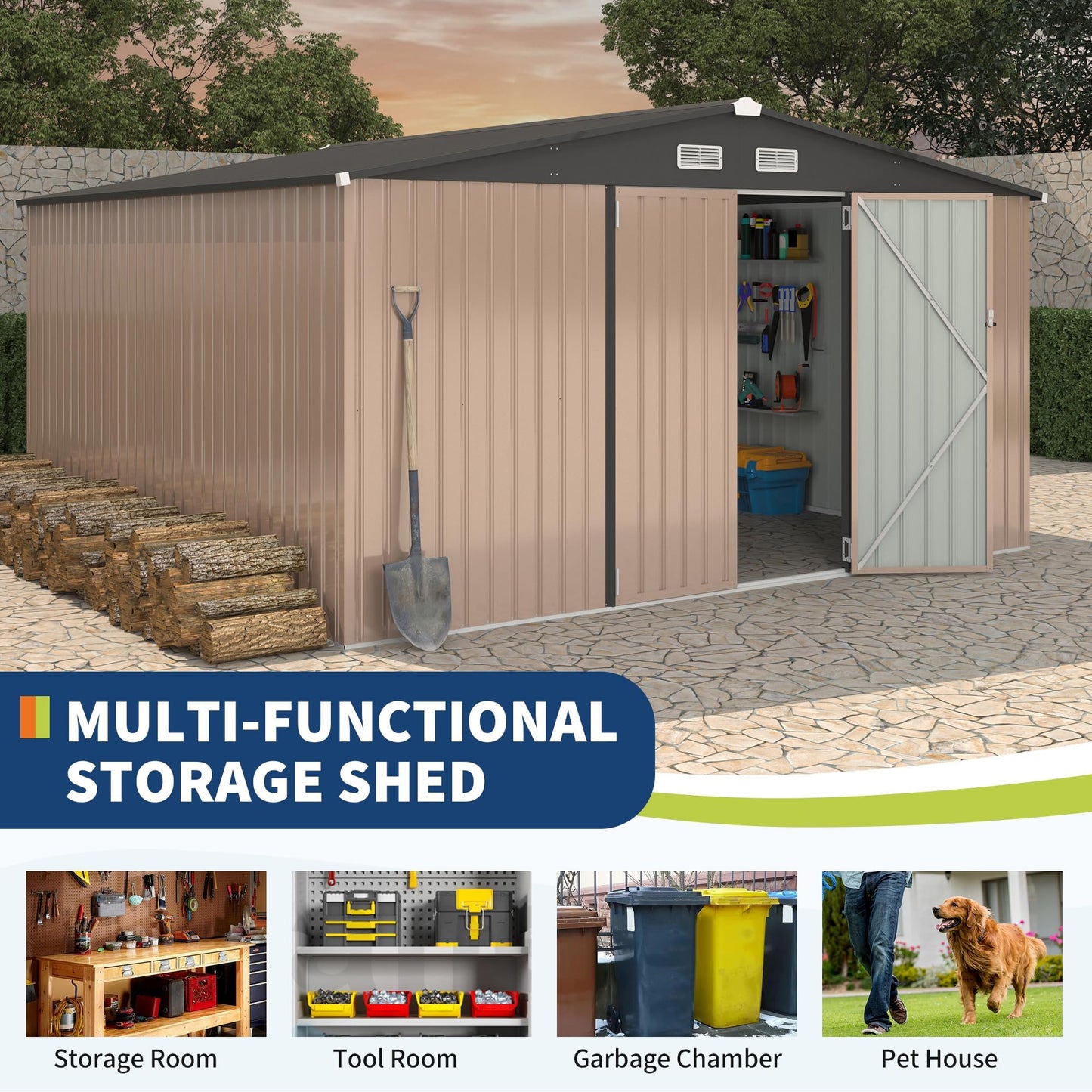 12X12 Ft Outdoor Storage Shed, Galvanized Steel Metal Tool Shed with Secure Lockable Door & Air Ventilation System, Rust-Resistant Utility Shed for Garden, Backyard, Easy Assembly & All-Season Use