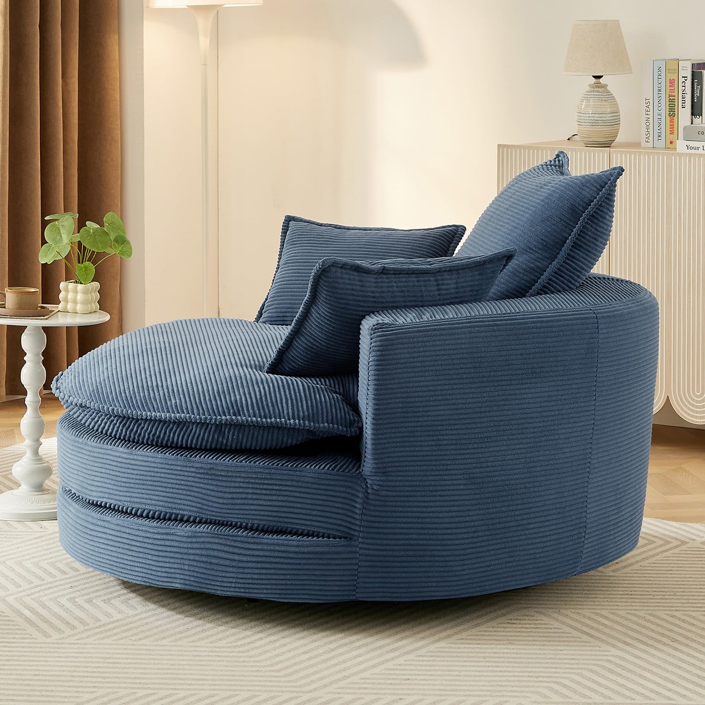 Merax 360° Swivel Sofa Chair, 57.5" Swivel Accent Barrel Chair with Dual-Layer Cushion Design, Modern Corduroy Leisure Sofa Round Chaise Lounge with 3 Removable Pillows for Living Room, Bedroom