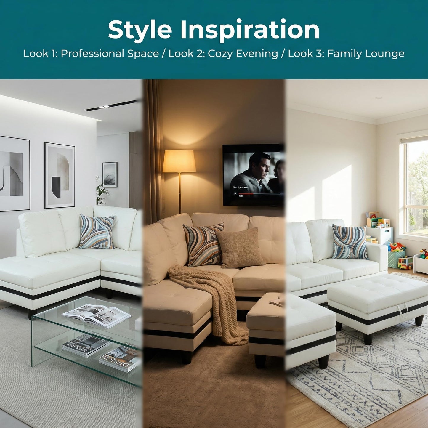 NicBex Sectional Couch 3 Pieces Sofa Set, L-Shaped Modular Couches for Living Room, Furniture Sets with Lounge Chaise & Storage Ottoman, Multi-Scene Use for Apartment & Office, White+Black