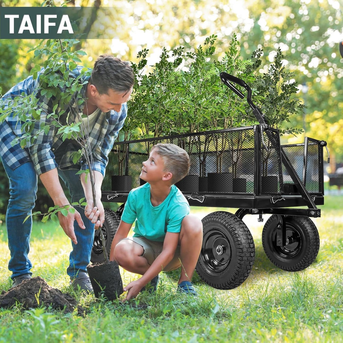 Taifa Heavy Duty Steel 1100 Lb Wagon Garden Carts with Removable Side Panels Turn Into Flatbed, All Terrain Utility Cart with 11.5" Tire, 180° Rotating Handle for Outdoor, Garden, Farm, Yard, Black