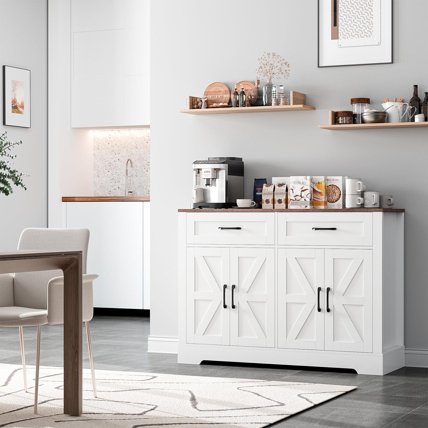 BOTLOG 47.2" Farmhouse Buffet Cabinet with Storage, Sideboard Cabinet with Drawers, Kitchen Storage Cabinet with Shelves for Living Room, Entryway, Rustic White