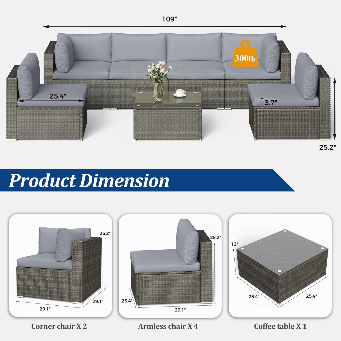 SUNVIVI OUTDOOR 8-Piece Modular Outdoor Patio Furniture Set, Wicker Outdoor Sectional Sofa with 45" Fire Pit Table, All-Weather Rattan with Cushions for Porch Garden Backyard, Grey